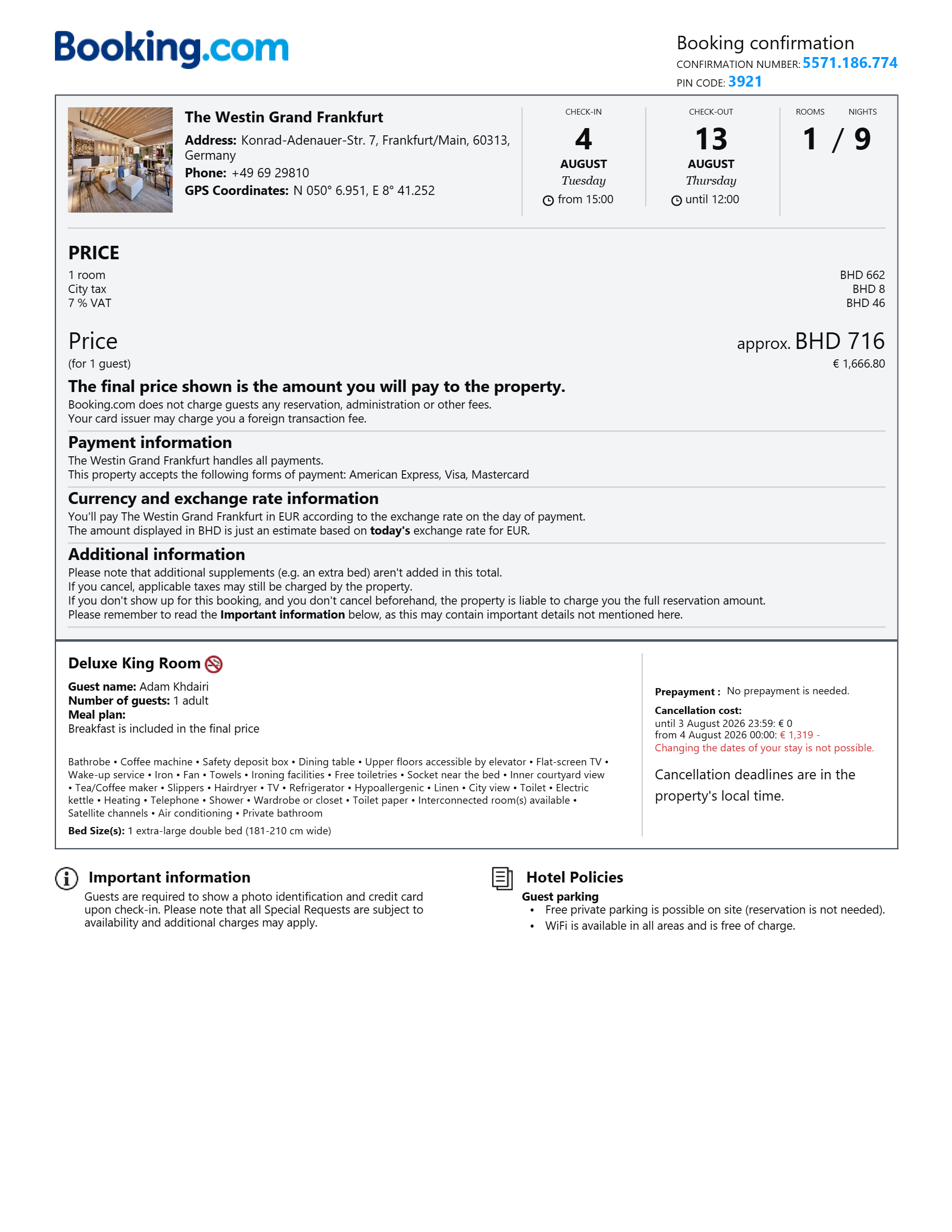 Hotel booking confirmation generated by Loopfy
